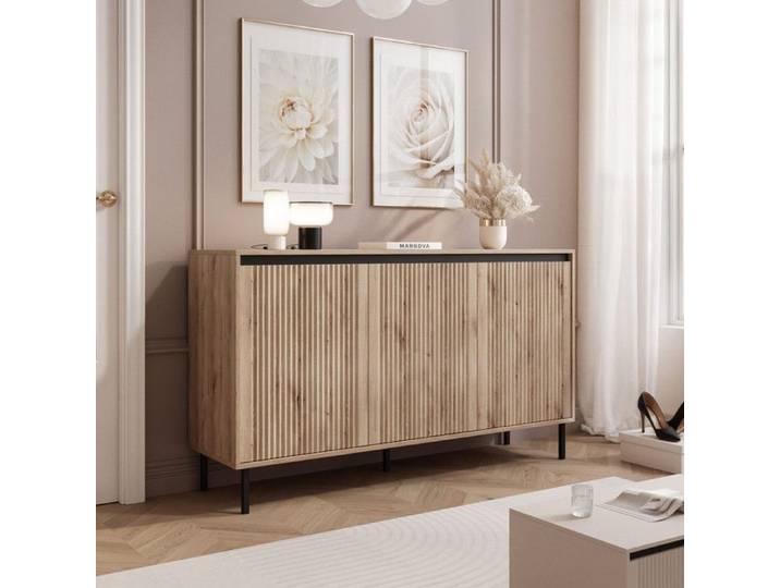 Commode Salon LIRA - avec 3 portes - sur pieds - 149x40x85 cm - Chêne Evoke
