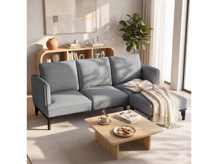 YODOLLA Canapé d'angle L 3 places avec pouf - Ergonomique tissu respirant - Gris foncé