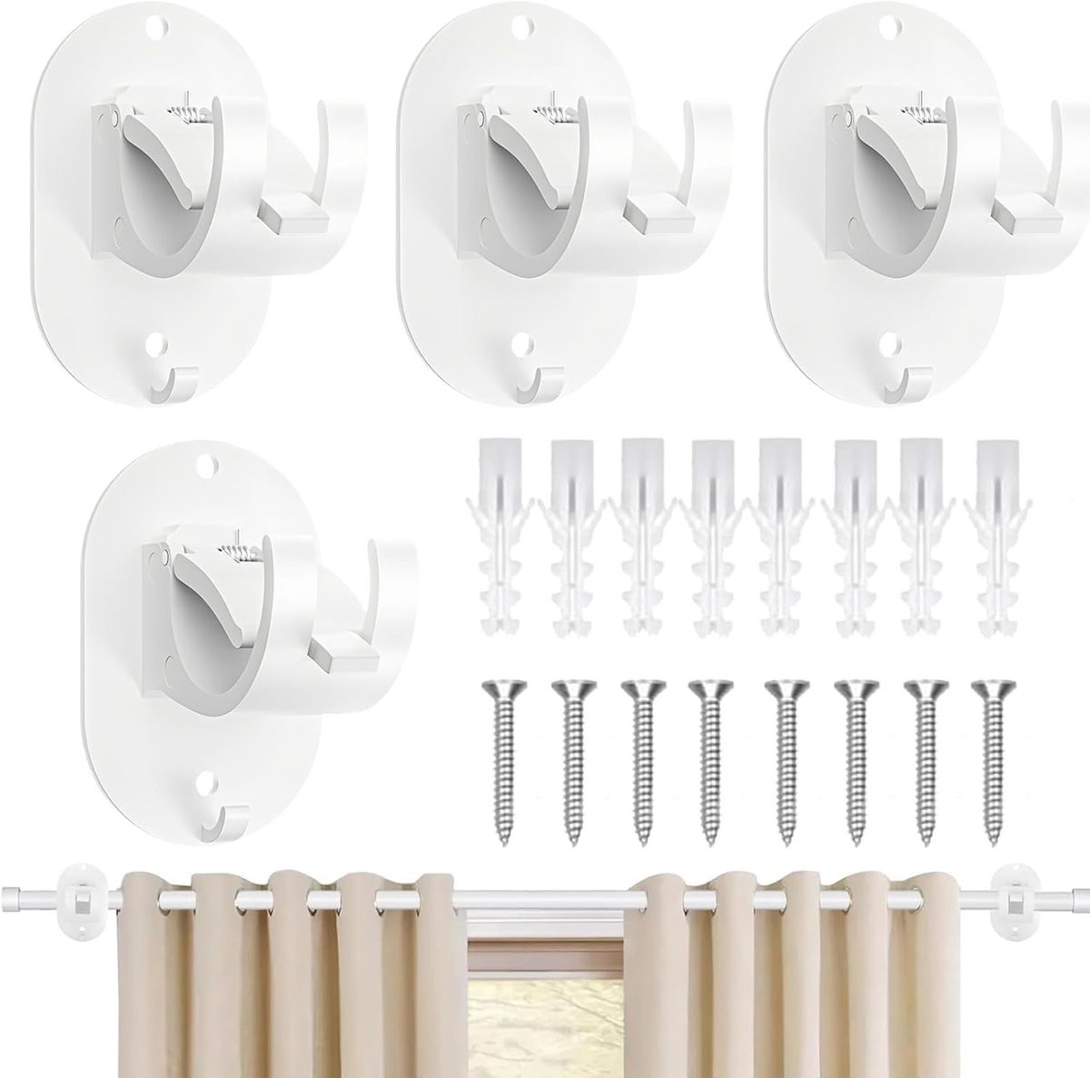 Dailygoods 2 paar zelfklevende gordijnhaken zonder boren, verstelbare houders voor gordijnroedes, wit