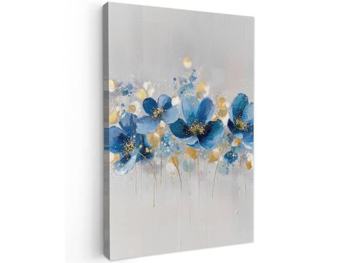MuchoWow Leinwandbild - Blumen - Blau - Abstrakt - 60x90 - Kunstdruck, Hellgrau, Textil, Kiefer, Rechteckig, 60x90 cm, gerahmt, Bilder & Rahmen, Bilder, Wandbilder