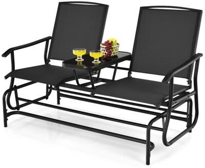 Costway 2-Person Double Rocking Loveseat with Mesh Fabric and Center Tempered Glass Table-Black