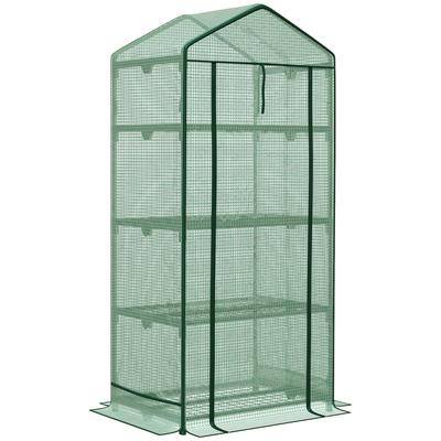 OKWISH Mini-Anzuchtgewächshaus Metall Grün 69x49x125 cm mit PE-Folienabdeckung, 3 Regalböden, Rolltür und UV-Schutz