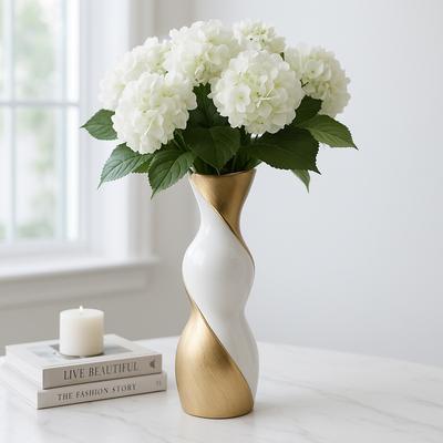 Sagebrook Home Contemporary Ceramic Twisted Vase -White and Gold Floral Vase