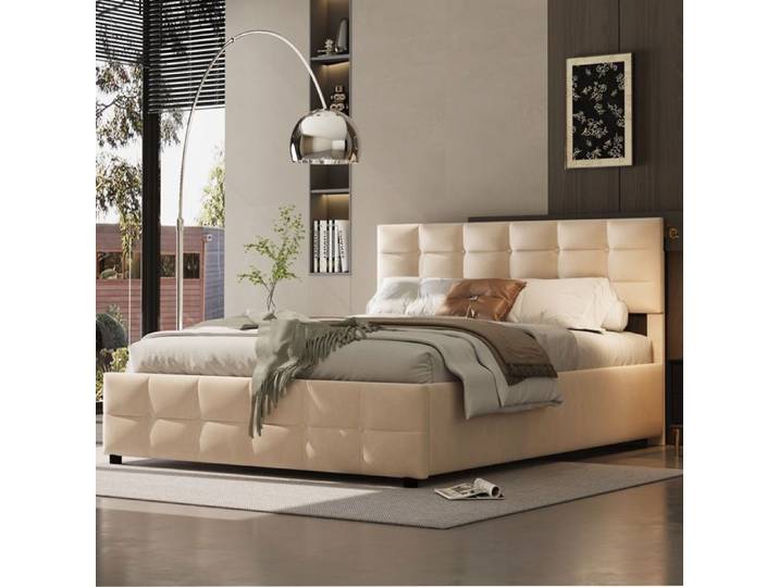 Lit capitonn 180*200 cm lit double lit coffre avec sommier lattes rangement hydraulique - beige