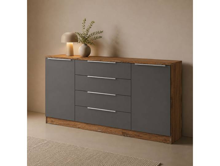 Kommode BORCHARDT MÖBEL Oliva, Kommode mit Metallgriffen , grau (eichefarben vintage, graphit matt), B:166cm H:78cm T:35cm, Holzwerkstoff, Sideboards, Kommode, mit 4 Schubkästen