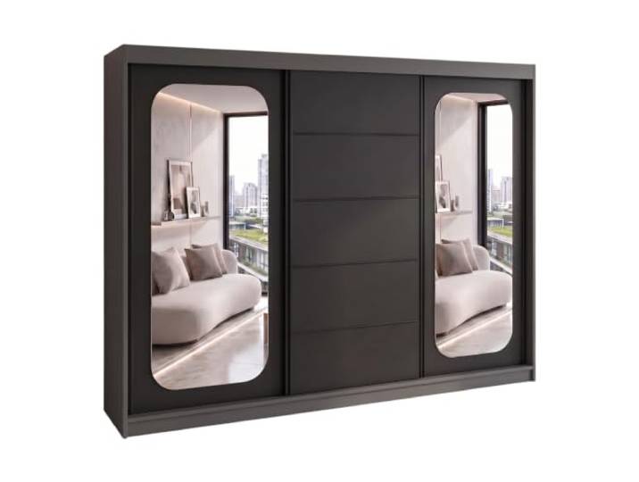 A&J MöbelLand BELANO Kleiderschrank mit Spiegel, Schwebetürenschrank 200 x 215 x 59,5 cm, Kleiderstangen und Einlegeböden, Graphit/Schwarz, Comfort