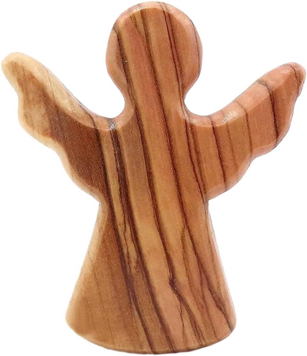 Handgemaakte houten beschermengel van olijfhout, staande engelfiguur voor tafeldecoratie