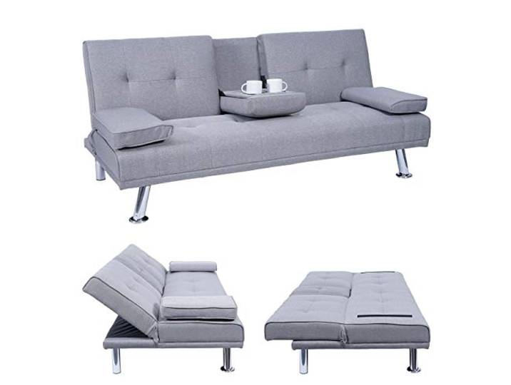 Mendler 3er-Sofa HWC-F60 97x166cm - Textil, hellgrau Couch, Schlafsofa, Gästebett, Tassenhalter, verstellbar