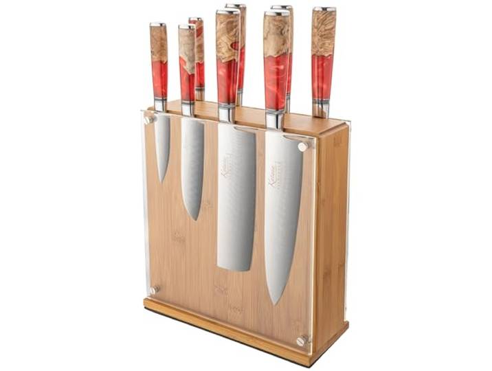 Katana Saya Elements 9-teiliges Messerblock-Set, Vulkanisches Rot – VG-10-Damaststahl mit hohem Kohlenstoffgehalt für extreme Robustheit und Schärfe – Griff aus natürlichem Olivenholz und Harz