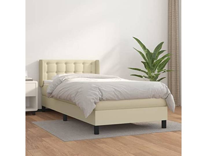 Kunstleder Boxspringbett höhenverstellbares Kopfteil 100x200 cm Creme Boxspringbett mit Matratze Creme 100x200 cm Kunstleder Bett mit Bettkasten Schlafzimmer Doppelbett