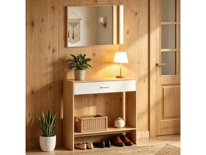 COVREO Meuble d'entrée avec miroir mural tiroir de rangement et étagère ouverte décor chêne et blanc