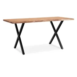 Esstisch Massivholz Metall X-Gestell Baumkante Industrial KRETA, Goldbraun-Schwarz 140x80x76 cm