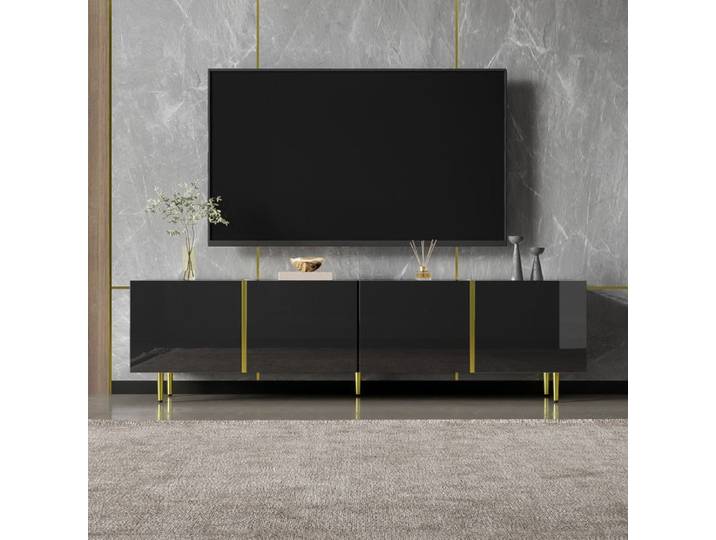 Meuble TV Haut Brillant Noir et Or avec 4 Portes – Merax TV Banc Design Moderne Élégant avec Charnières Soft-Close 170x35x46 cm