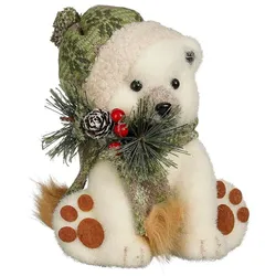 Mica Decorations Dekofigur Bär Kunststoff 18cm Weihnachtsdeko Winterdeko Weihnachtsfigur Tierfigur mit Mütze Schal Tannenzweigen Tischdeko Fensterdeko Creme
