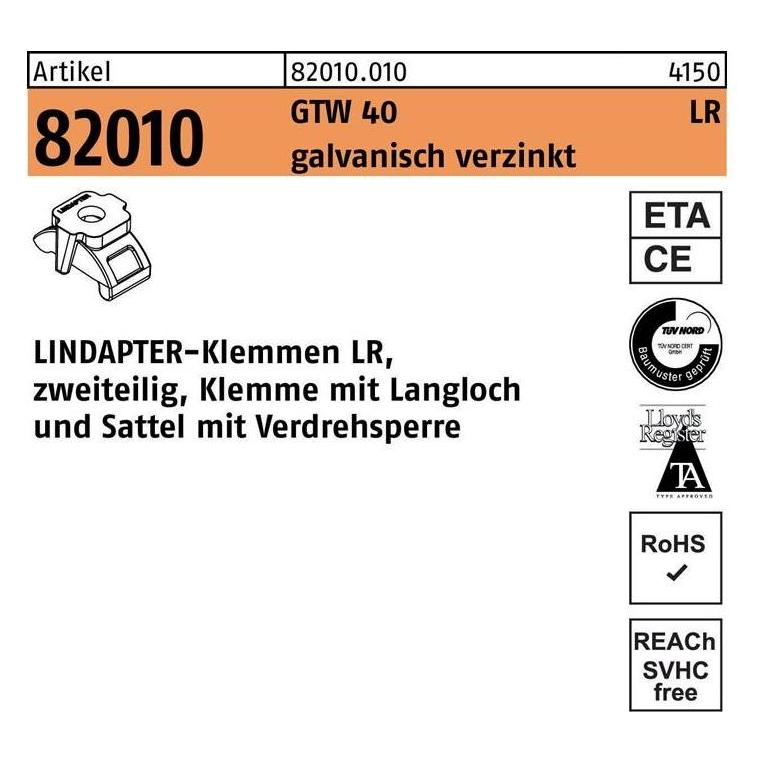 Lindapter Klemme R 82010 GTW 40 LR M 20 / 3 - 20 galvanisch verzinkt (820100100200000)