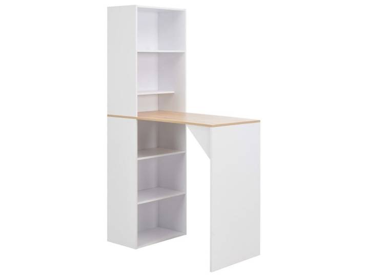 furnicato Bartisch Weißer Stehtisch mit Naturholz-Tischplatte, 115x59x200 cm (1-St), Stabiler Bartisch mit Lagerschrank für Flaschen und Zubehör in Küche