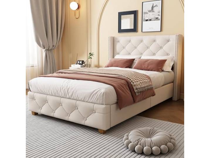 Merax Polsterbett 90x200cm mit Lattenrost und Kopfteil, Knopfpolsterung & Nietenverzierung, Holzbeine, Elegantes Design, Leinen, Beige (ohne Matratze)