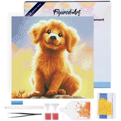 FiguredArt DP-SFA185-Y - Mini Diamond Painting, Süßer Golden Retriever Welpe, Leinwand-Keilrahmen (25x25cm), DIY Bastelset
