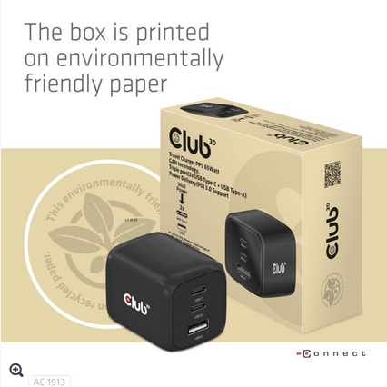 Club3D Club 3D Reise Ladegerät PPS 65W GAN, USB Typ-C/Typ-A Power Delivery (PD) 3.0 CAC-1913EU