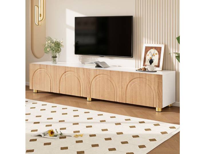Meuble TV - TV-Lowboard - Bogenrelief - 4 portes - bois naturel et blanc - pieds métalliques