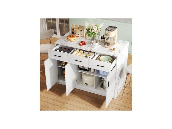 Îlot de cuisine - MUVOE - 120x60x90.5cm - Marbre blanc - 3 tiroirs - 3 portes