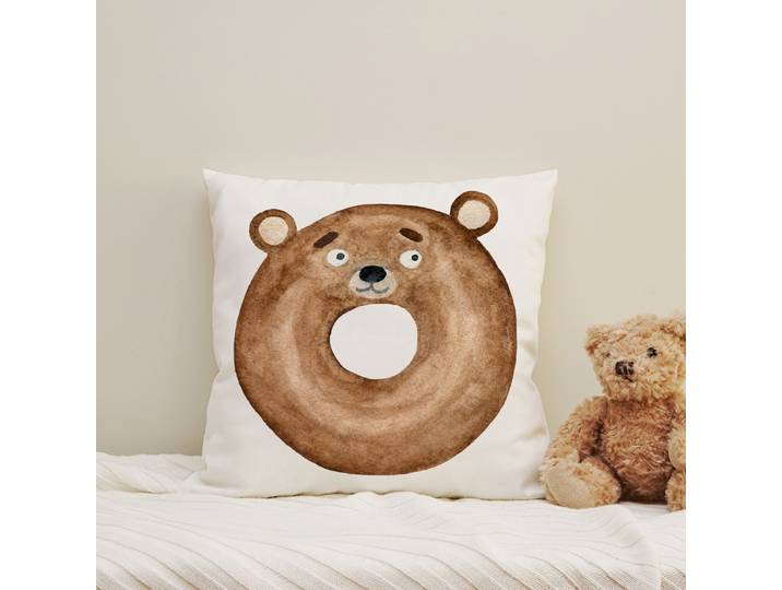 Dekokissen QUEENCE Bären Donut , braun (braun, bedruckt gemustert), B:40cm H:1cm L:40cm, Polyester, Dekokissen_Sitzkissen_Kissenhüllen, Dekokissen, Kissenhülle mit HD Premium Druck, geruchsneutral, 40x40cm