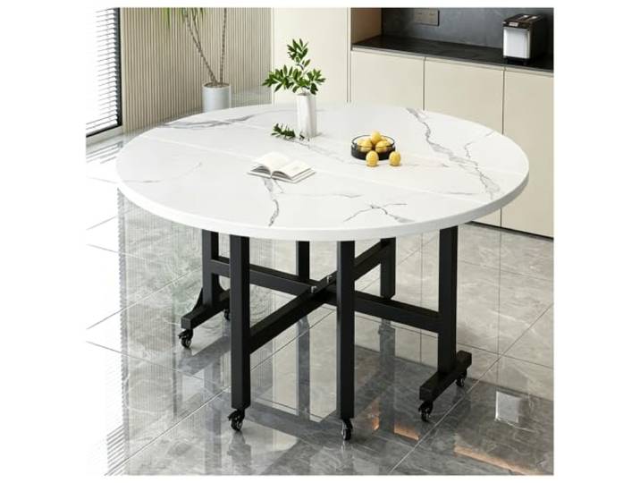 Runder Esstisch Mit Klappplatten, 6 Feststellbare Rollen, Platzsparend Robuster Klapptisch, platzsparendes Design, für Küche, Wohnung oder Frühstücksecke(Weiß,140x75cm)