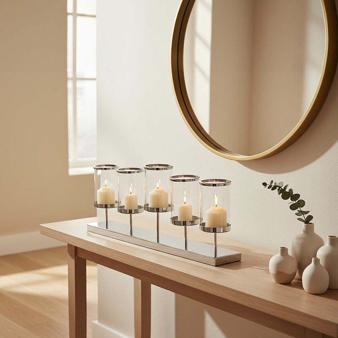 Fairmont Park 27 cm H Glass Tabletop Candelabra Holder with Candle Included Silver 27cm H X 67cm W X 11cm D