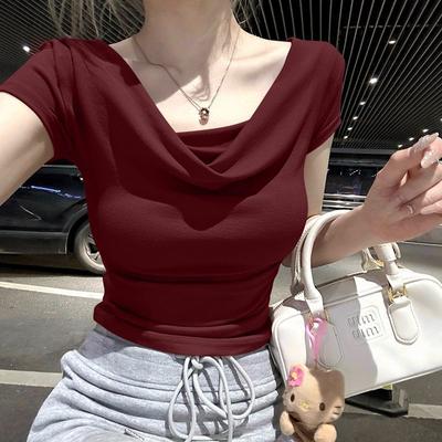 Lush Living Finds Chic One Shoulder Slim Fit Top For Women Irregular Hem Summer T Shirts claret xl