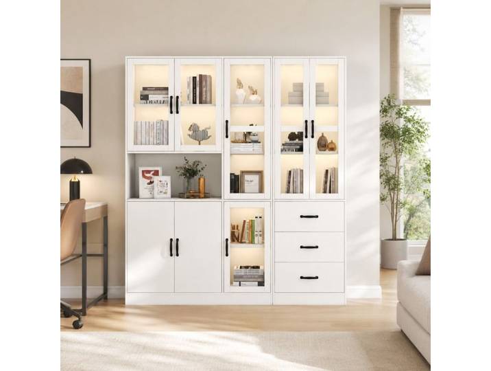 Vitrine Blanche avec lumière LED Vitrine avec portes et tiroirs étagères de rangement 180x40x200cm
