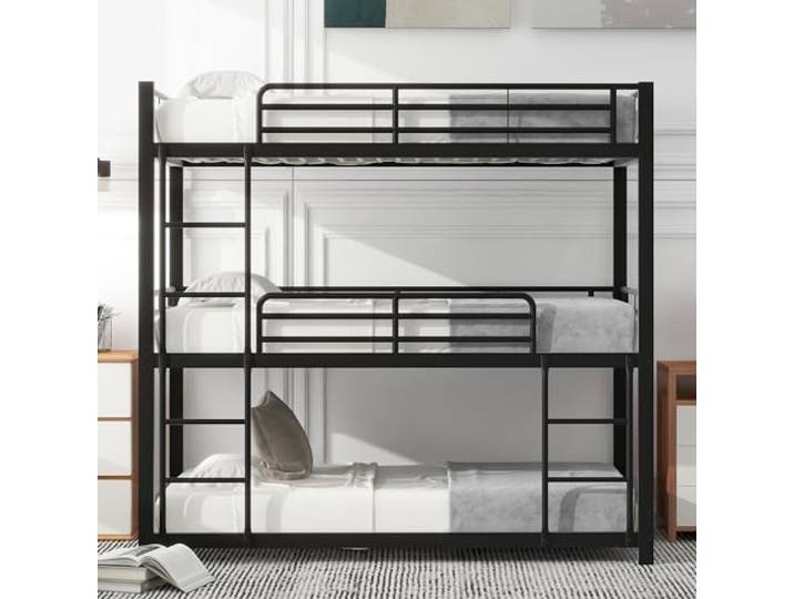 Idemon 90x200cm Bettgestell Metallbett,Etagenbett,Eisenbett, Dreifach-Etagenbett für Kinder, Jugendliche und Erwachsene, Schwarz