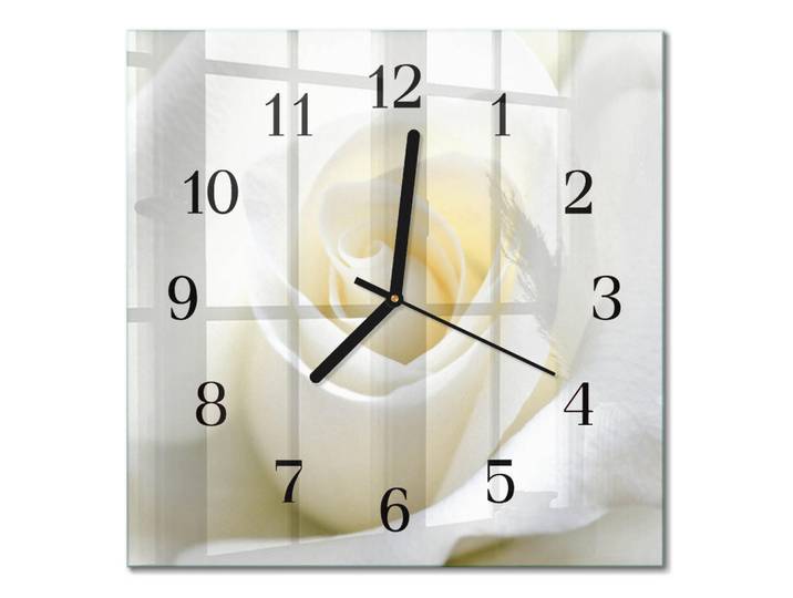 Tulup Wanduhr aus Glas 30x30 cm - Weiße Rose, Quadratisch, 30x30x0.4 cm, Dekoration, Uhren, Wanduhren