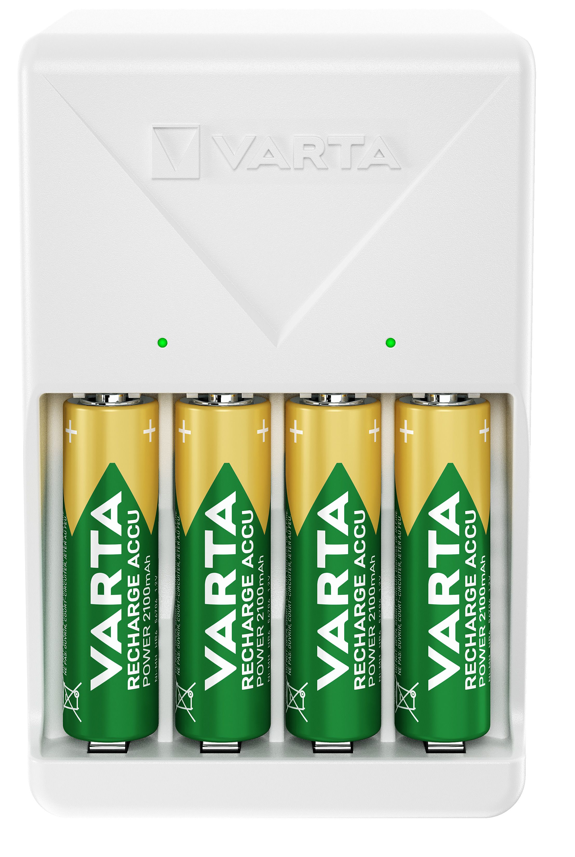 Varta Akku Ladegerät, inkl. 4X AA 2100mAh, Batterieladegerät für wiederaufladbare Batterien, lädt 2 oder 4 AA/AAA gleichzeitig, Plug Charger, weiß 57657 101 451