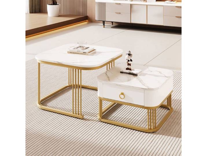 Table basse salon 2 en 1 Table d'appoint blanc avec tiroirs Décoration doré 60x60x45+50x50x34cm