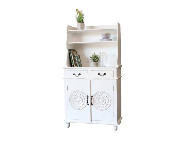 baario Highboard Highboard BLATO Shabby weiß, massiv Kommode mit Regalaufsatz Schnitzerei