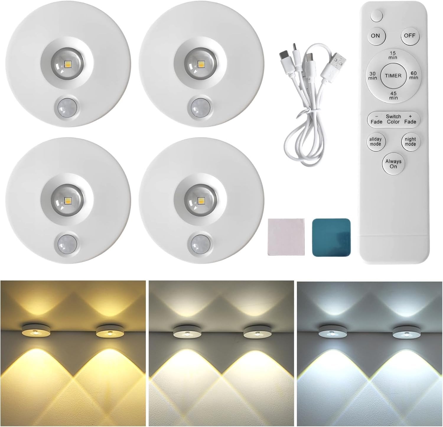 Set van 4 oplaadbare magnetische LED cabinet lights met afstandsbediening voor keuken, badkamer en slaapkamer
