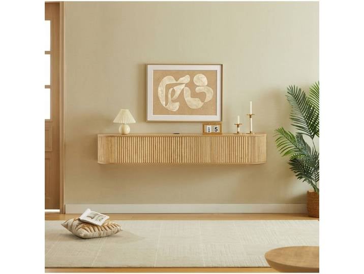 WOVREO Meuble TV suspendu 180 cm rangement fermé passage de câbles charnières amorties bois naturel