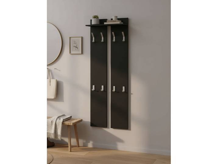 Garderobenpaneel BORCHARDT MÖBEL Finn , schwarz (schwarz m att), B:55cm H:170cm T:21cm, Holzwerkstoff, Garderobenpaneele, Garderobenpaneel, mit 8 Haken