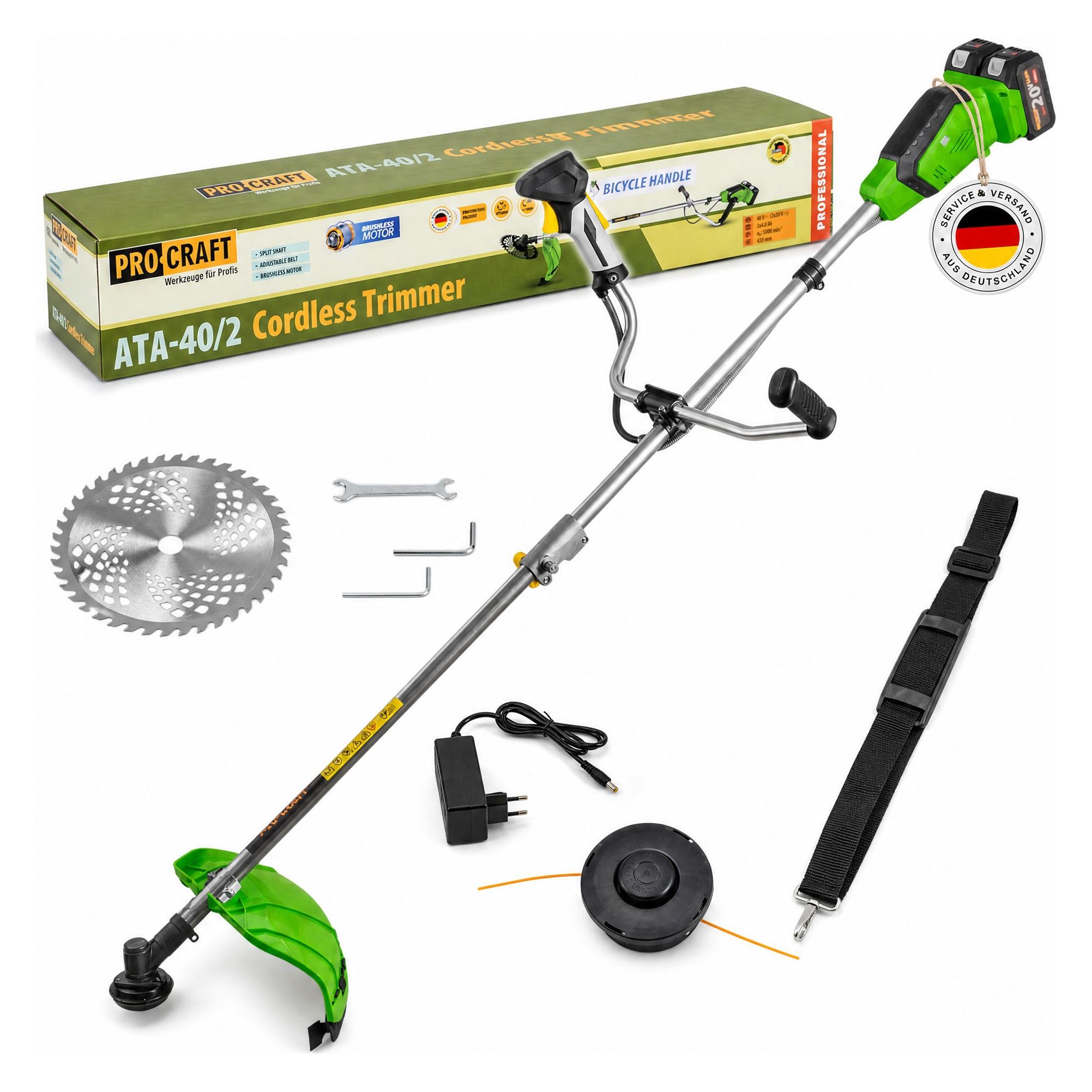Procraft ATA-40/2 Akku Freischneider 40 V ( 2x 20 V ) 220 mm Brushless + 2x Akku 4,0 Ah + Ladegerät (Metallschneideblatt, Trimmfaden) (ATA-40/2)