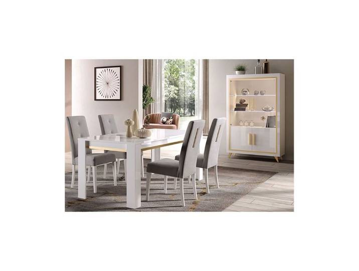 JEMMA - Ensemble Séjour Blanc Décor Doré Table 190cm + Vitrine avec Leds