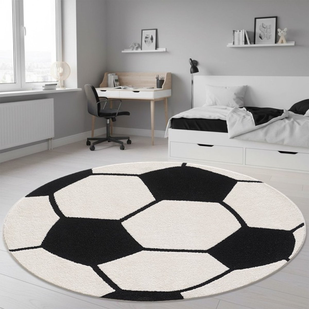 TapisTrend Kinderkleed Voetbalpatroon Zwart-Crème Rond, Diameter: 120 cm