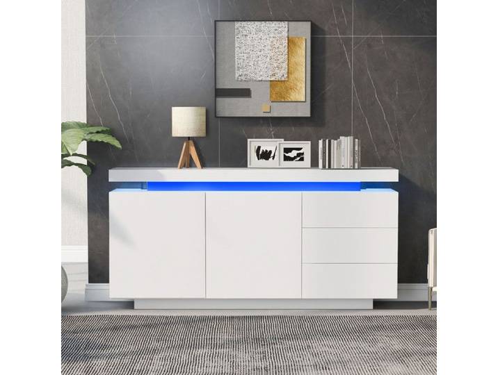 Buffet - TRUXEN8 - Blanc Brillant - LED Intégrées - 2 Portes 3 Tiroirs - 140x35x72.5cm