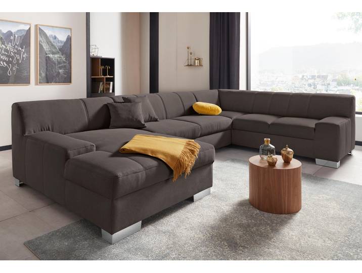 Wohnlandschaft DOMO COLLECTION Bero, elegant und zeitlos, flache Armlehnen, Breite 328cm, U-Form , grau (stone), B:328cm H:74cm T:212cm, Feinstruktur (100% Polyester);Luxus-Microfaser (100% Polyester);Zierkissen: Im jeweiligen Bezugsstoff;Struktur fein (100% Polyester), Sofas, Wohnlandschaft, fester Sitzkomfort, wahlweise mit Bettfunktion