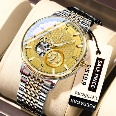 Trendy Discount Goods POEDAGAR Luxury Man Wristwatch, Hollow Tourbillon Stainless Steel Watch, Automatic Mechanical Luminous Men Reloj gold Gold