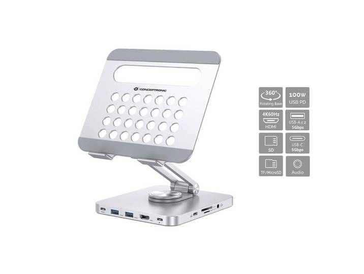 Conceptronic Laptop-Dockingstation DONN26G, 360° drehbare Basis, faltbar, höhenverstellbar