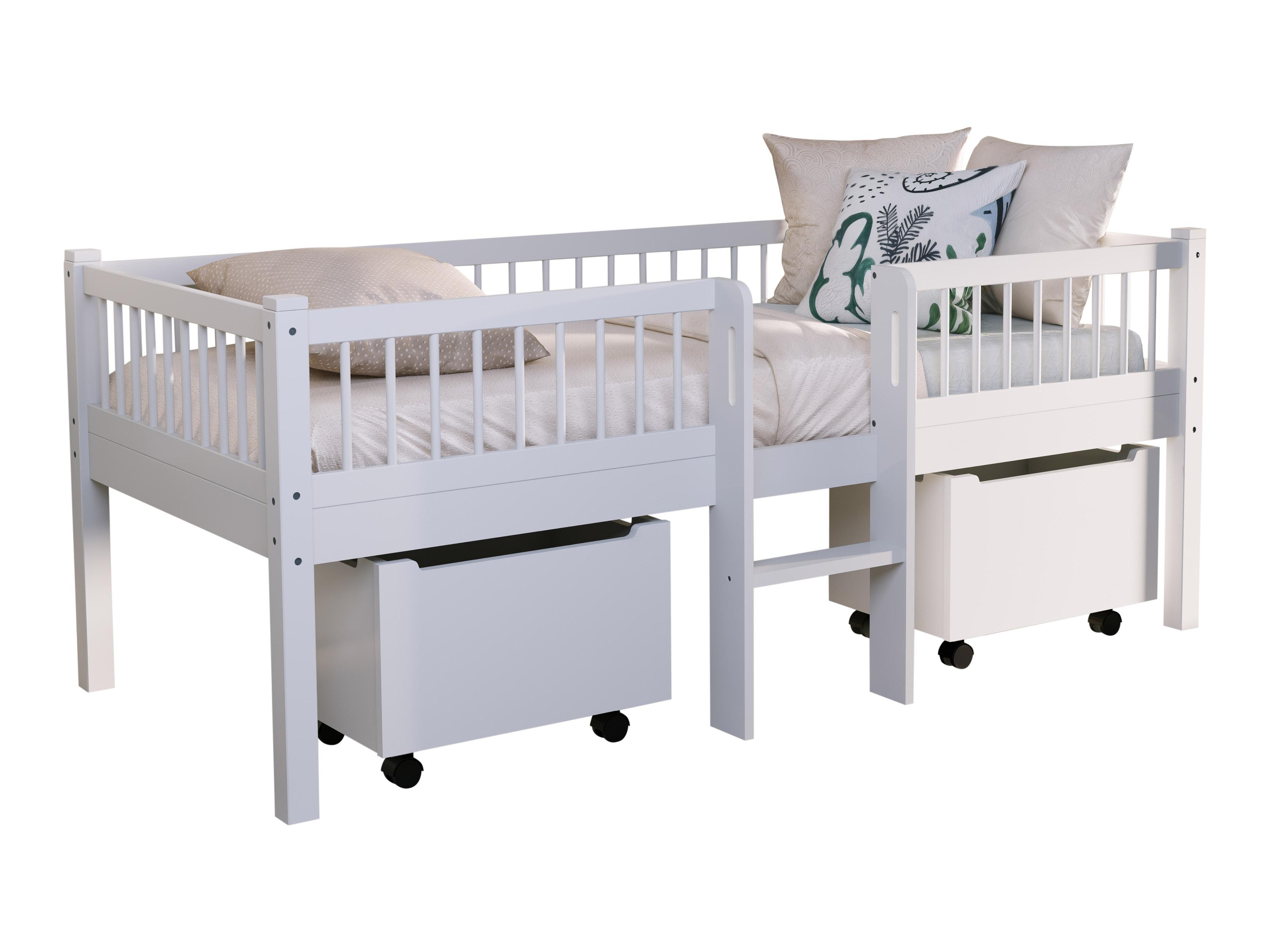 VIPACK - FORREST Buche Junior-Spielbett 90x200 cm, inkl. Lattenrost, 2 Rollboxen und Leiter, Buche massiv weiß lackiert