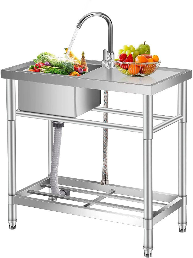 FXSGER Stainless Steel Commercial Kitchen Sink with Storage Shelf   Free Standing Single Bowl Restaurant Prep Sink with Tap, Outdoor Camping Utility Sink wit Brushed Nickel 76.2cm H X 76.2cm L X 40.6cm W