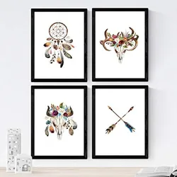POSTER Set mit 4 bömische Federn und Blumen A3 Schwarzer Rahmen