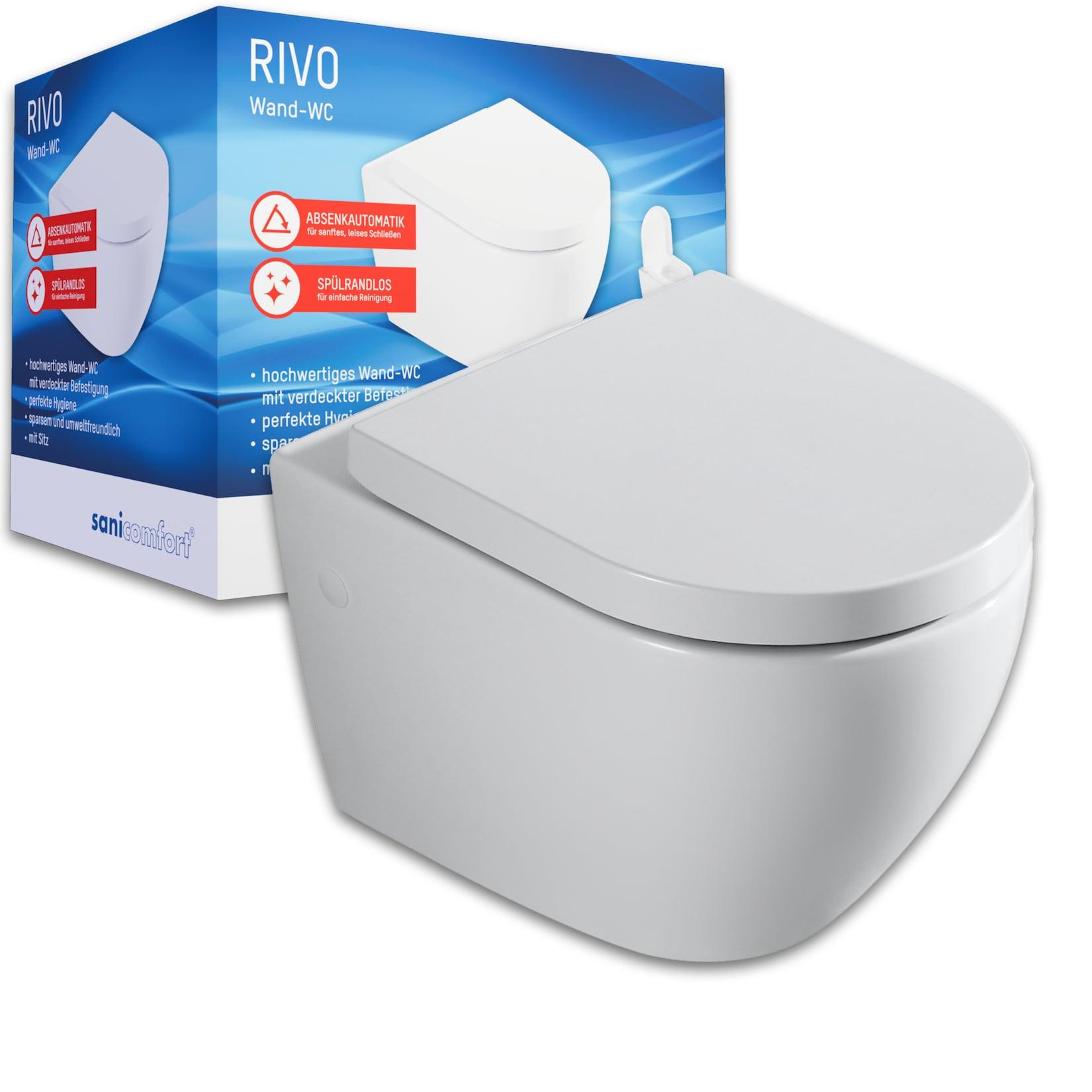 sanicomfort Hänge WC Rivo – Spülrandloses Wand-WC Set mit Absenkautomatik, Tiefspüler, Softclose WC-Sitz aus Duroplast, verdeckte Befestigung, hygienisch & pflegeleicht