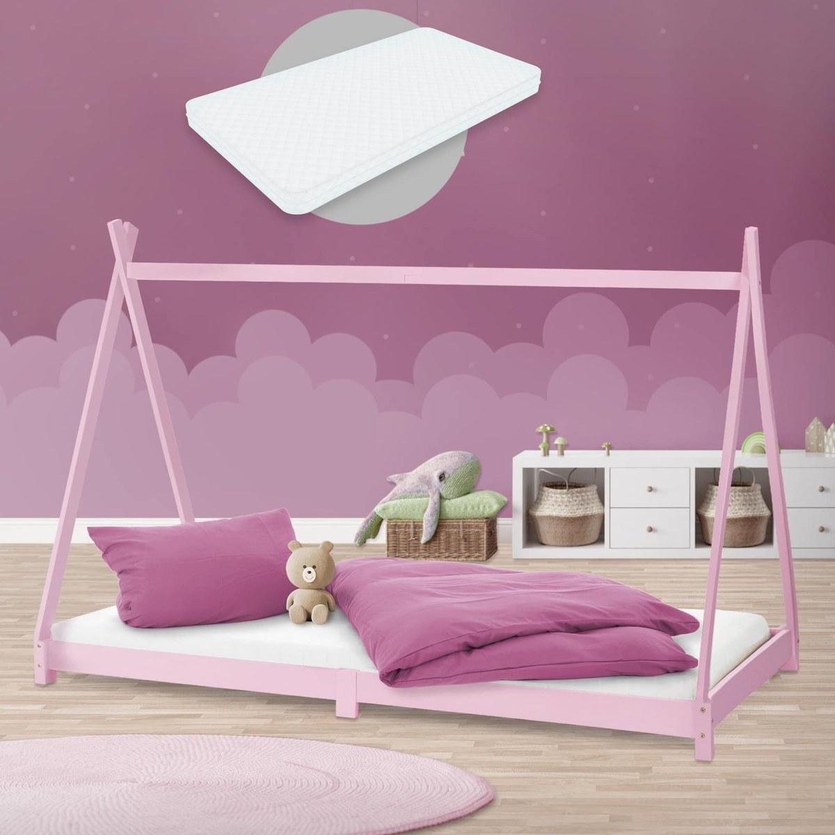 Kinderbett - Tipi-Form - Rosa - 90 x 200 cm - Aus massivem Kiefernholz, inklusive Matratze